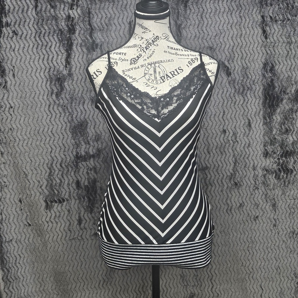 Vtg Rampage Babydoll Tank Top Junior M Striped Lace Trim Cami Y2K Whimsigoth